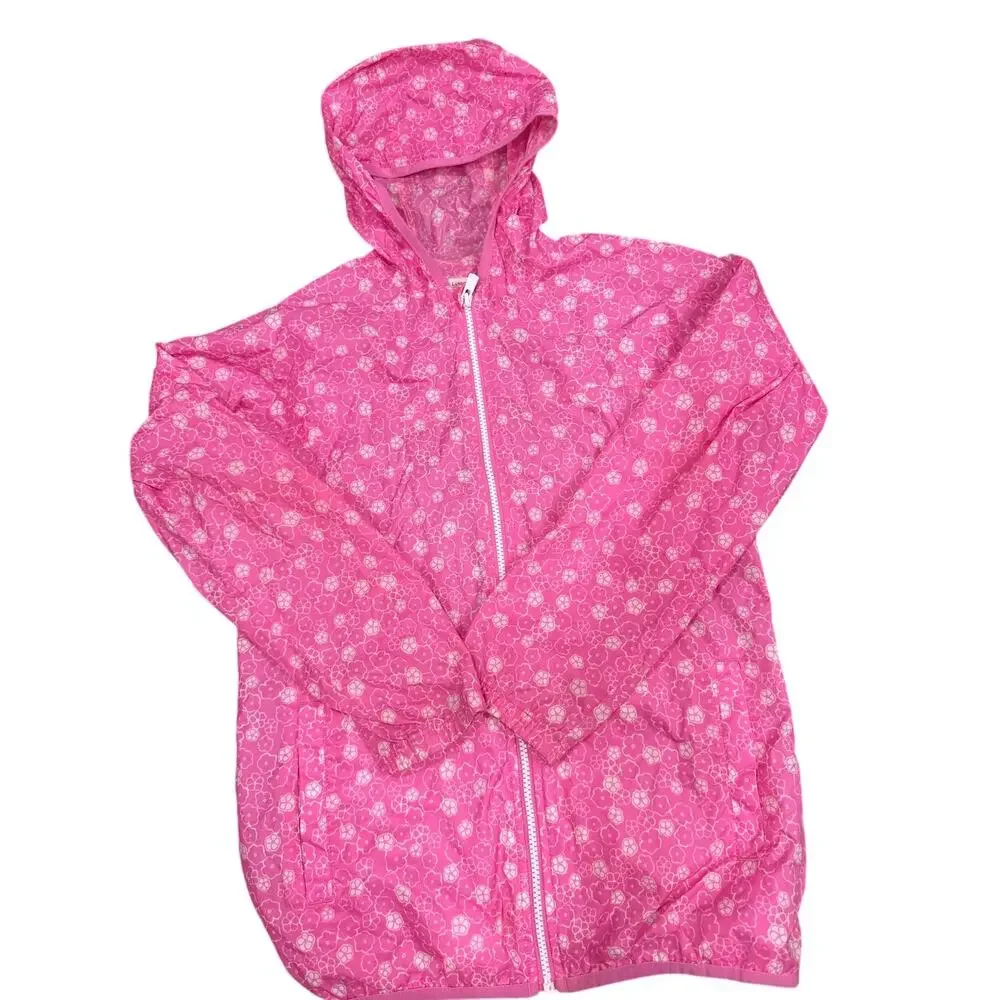 Land's End Kids Packable Raincoat - Pink flowers - Size M(10-12)